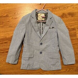 Brooklyn Brothers Seersucker Blazer Boys Sz 7 Blue White Cotton Blend Pockets